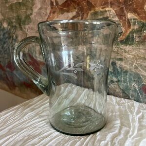 Vintage Mexican Glass Cylinder Pitcher with Floral Engraving